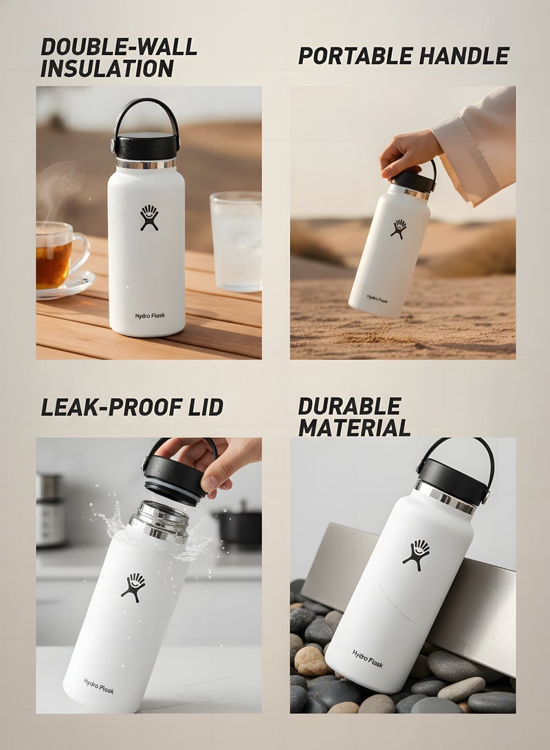 Hydro Flask Wide Mouth Water Bottle 946ml Double Wall Vacuum Insulated 18/8 Stainless Steel Tumbler Flex Cap with Rubber Carry Handle Keeps Cold 24H Hot 12H Leakproof Flask for Camping Hiking Gym Yoga Outdoor Travel Matte Multi Colors - Image 2