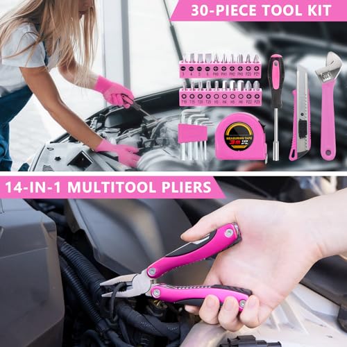 HLWDFLZ Car Emergency Kit with Portable Air Compressor - Roadside Assistance Emergency Kit with Jumper Cables, First Aid Kit, Auto Tool Set, Winter Safety Kit for Women, Men, Teen (Pink) - Image 5