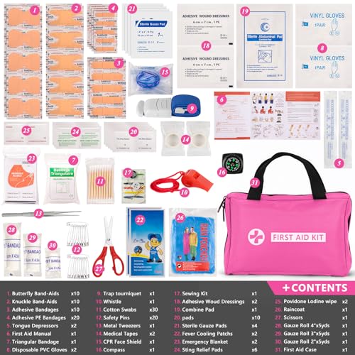 HLWDFLZ Car Emergency Kit with Portable Air Compressor - Roadside Assistance Emergency Kit with Jumper Cables, First Aid Kit, Auto Tool Set, Winter Safety Kit for Women, Men, Teen (Pink) - Image 2