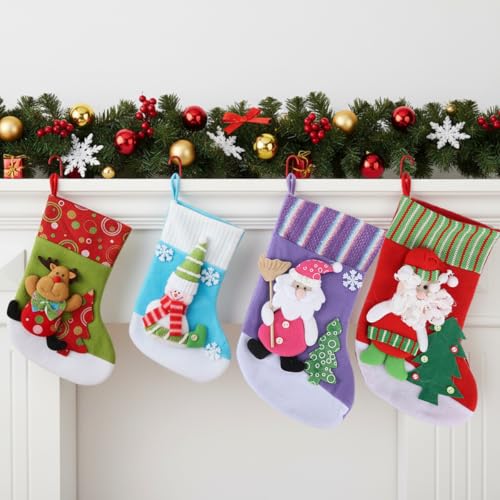 HASTHIP® Set of 4 Christmas Decorations Stockings 2 Size Santa, Snowman, Reindeer Socks Hangings Christmas Tree Decoration Items Gifts Stocking Set for Xmas Tree, Holiday Home Decor, Window, Door - Image 1