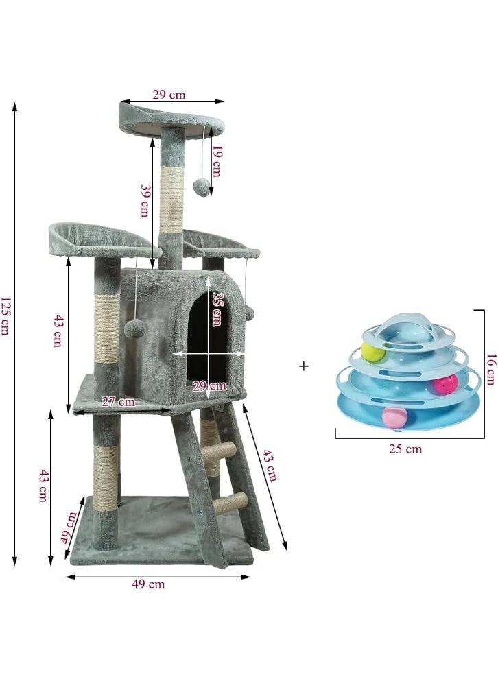 NNC PETS Cat Tower for Indoor Cats – 125 cm Grey Cat Tree Tower with Plush Cat Condo, Sisal Scratching Post, Soft Perches, Interactive Toy Balls, and Playing Stair. - Image 2