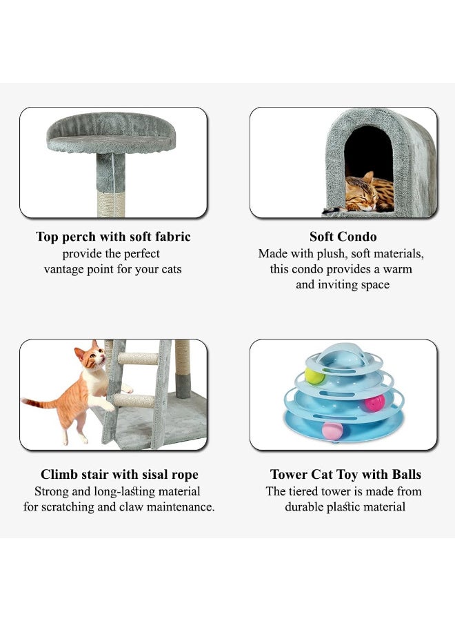 NNC PETS Cat Tower for Indoor Cats – 125 cm Grey Cat Tree Tower with Plush Cat Condo, Sisal Scratching Post, Soft Perches, Interactive Toy Balls, and Playing Stair. - Image 3