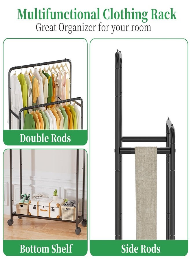 Simple Trending Clothing Clothes Rack Double Rods with Wheels, Rolling Metal Garment Rack for Hanging, Black - Image 3