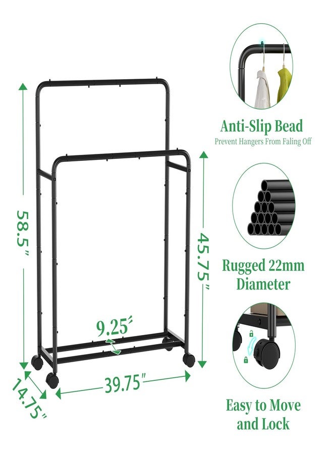 Simple Trending Clothing Clothes Rack Double Rods with Wheels, Rolling Metal Garment Rack for Hanging, Black - Image 5