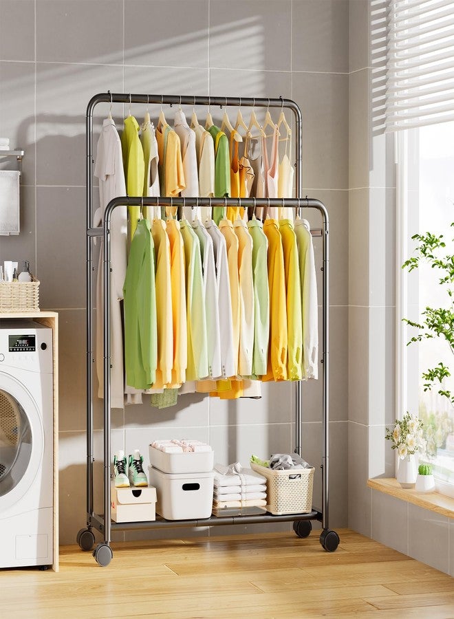 Simple Trending Clothing Clothes Rack Double Rods with Wheels, Rolling Metal Garment Rack for Hanging, Black - Image 4