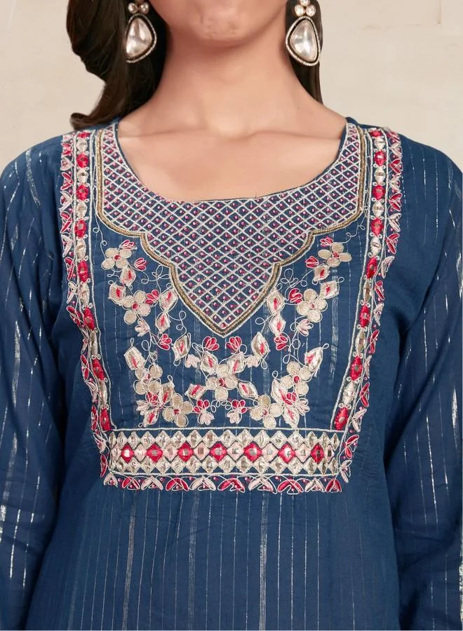 ISHIN Women'S Teal Rayon Embroidered Tunic Full Length Palazzo Straight Fit Kurta Set