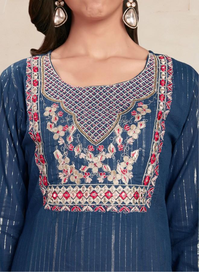ISHIN Women'S Teal Rayon Embroidered Tunic Full Length Palazzo Straight Fit Kurta Set - Image 2