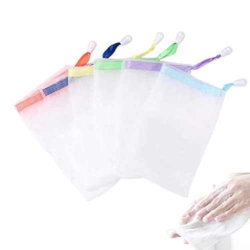 FULINJOY 6 PCS Exfoliating Mesh Soap Saver Pouch Bag Sack, Face Cleansing Foaming Nets, White Pouch with Drawstring (Color Random) - Image 1