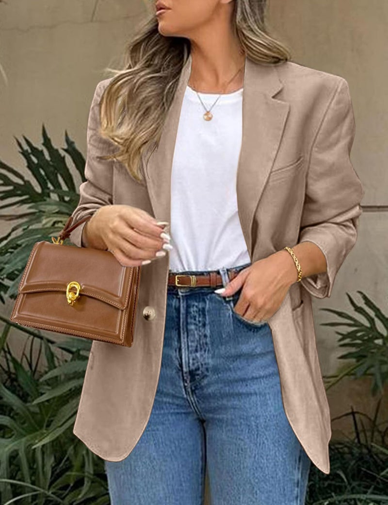 FSVABY Womens Casual Work Office Blazer Jacket Long Sleeve Lightweight Open Front Two Button Suit Blazer with Pockets (Khaki, Small) - Image 4