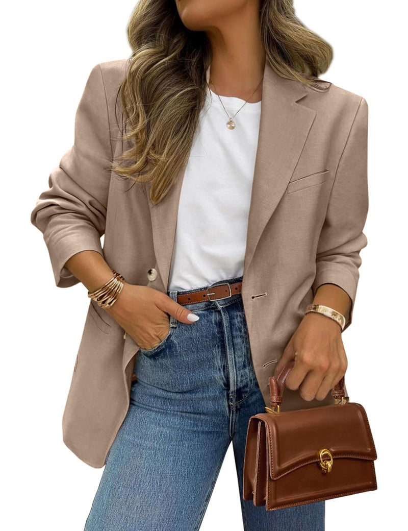 FSVABY Womens Casual Work Office Blazer Jacket Long Sleeve Lightweight Open Front Two Button Suit Blazer with Pockets (Khaki, Small) - Image 1