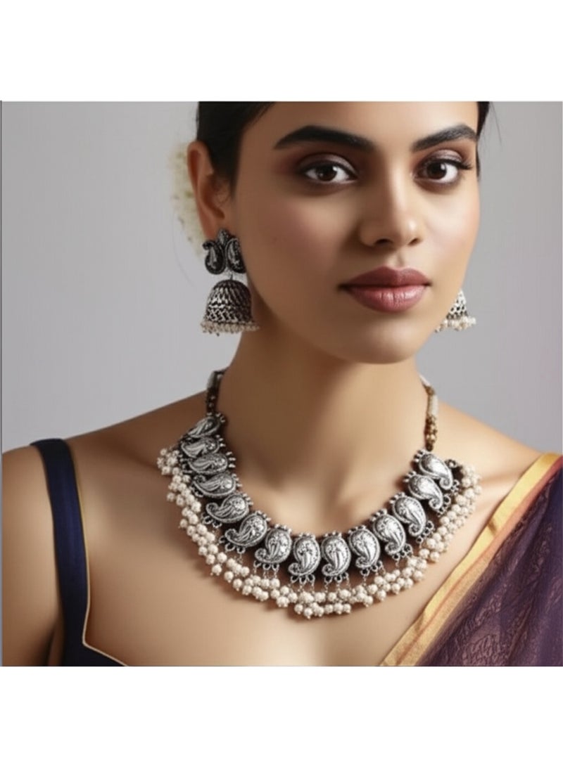 Pretty Precious 97999-NSO-Pretty Precious Traditional Oxidised Silver Necklace Jewellery Set with Earrings, Boho Afghani Style, for Women-Moti - Image 1