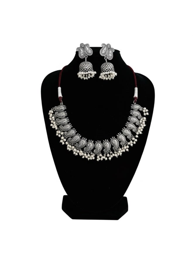 Pretty Precious 97999-NSO-Pretty Precious Traditional Oxidised Silver Necklace Jewellery Set with Earrings, Boho Afghani Style, for Women-Moti - Image 2
