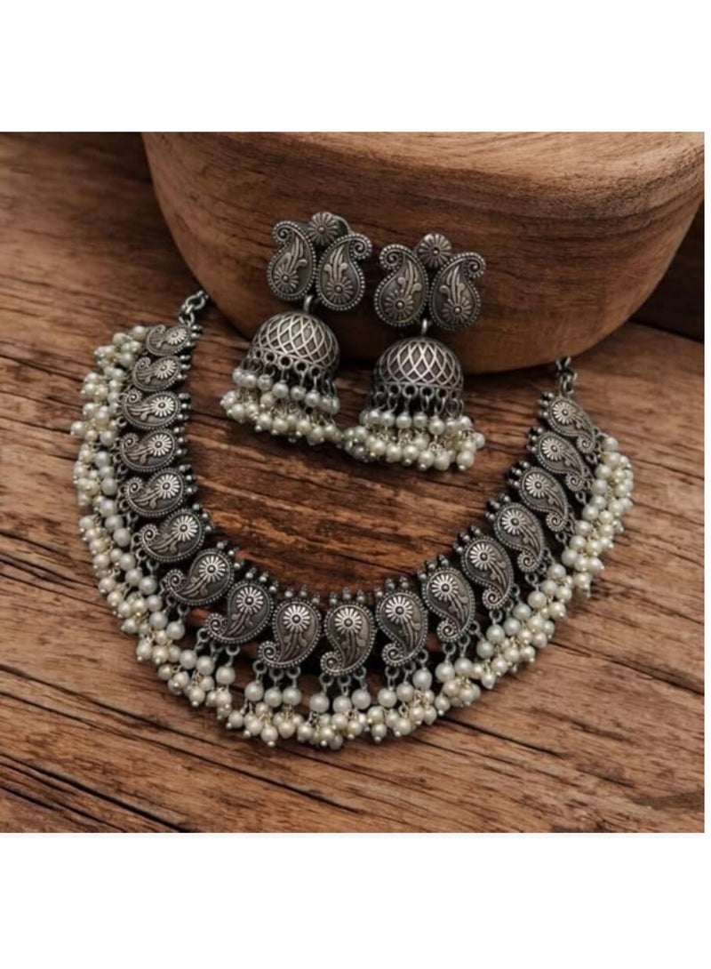 Pretty Precious 97999-NSO-Pretty Precious Traditional Oxidised Silver Necklace Jewellery Set with Earrings, Boho Afghani Style, for Women-Moti - Image 4