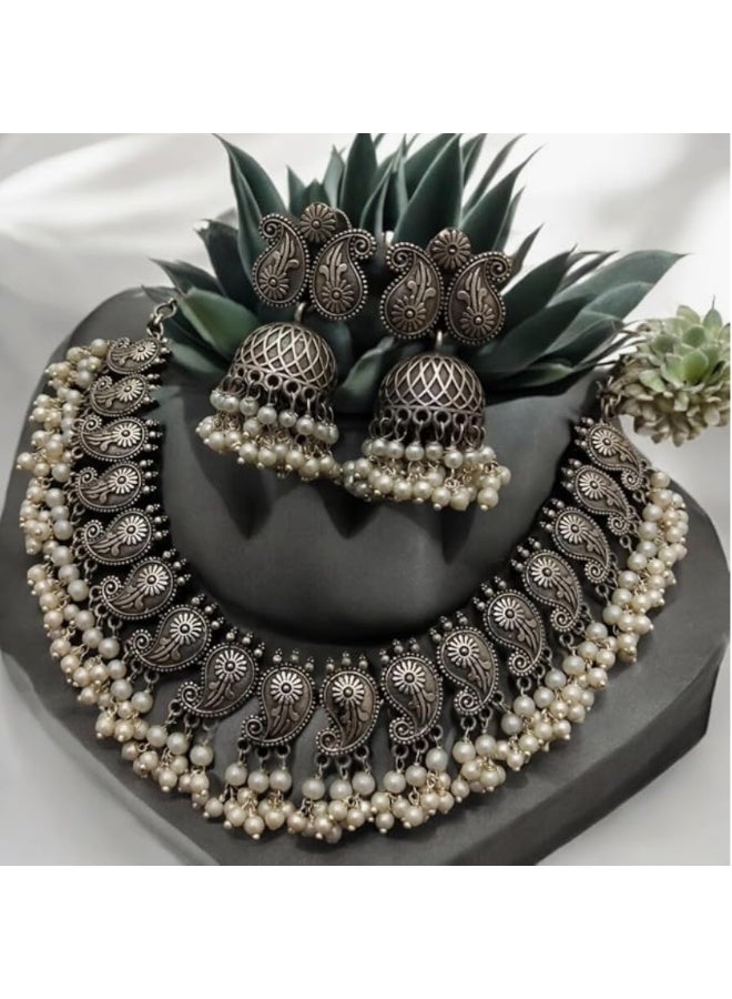 Pretty Precious 97999-NSO-Pretty Precious Traditional Oxidised Silver Necklace Jewellery Set with Earrings, Boho Afghani Style, for Women-Moti - Image 3
