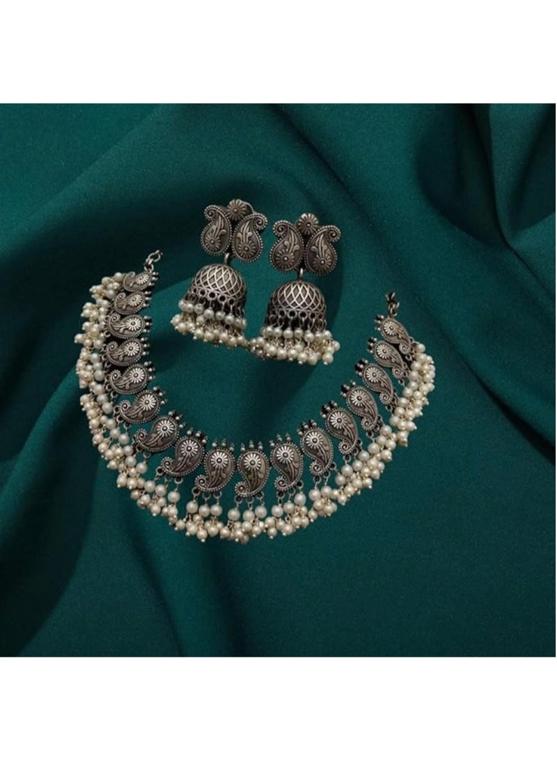 Pretty Precious 97999-NSO-Pretty Precious Traditional Oxidised Silver Necklace Jewellery Set with Earrings, Boho Afghani Style, for Women-Moti - Image 5