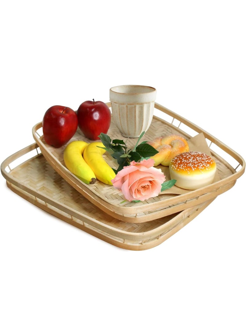 Luckam L-Sized Set of 2 Large Bamboo Wicker Serving Trays for Foods and Drinks, Rectangular Breakfast Trays with Handles Wooden, 43 * 33 * 4cm - Image 1
