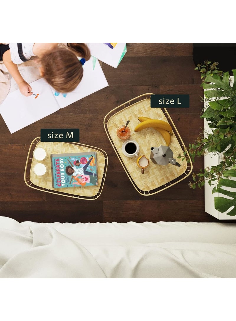Luckam L-Sized Set of 2 Large Bamboo Wicker Serving Trays for Foods and Drinks, Rectangular Breakfast Trays with Handles Wooden, 43 * 33 * 4cm - Image 2