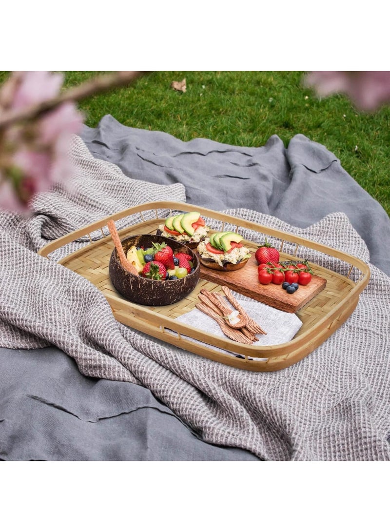 Luckam L-Sized Set of 2 Large Bamboo Wicker Serving Trays for Foods and Drinks, Rectangular Breakfast Trays with Handles Wooden, 43 * 33 * 4cm - Image 3