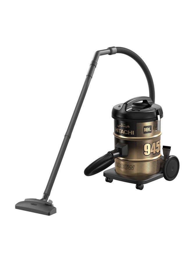هيتاشي مكنسة كهربائية برميلية بقدرة 2000 وات وسعة 18 لتراً 18 L 2000 W CV-945F SS220 BK أسود/ذهبي - Image 1