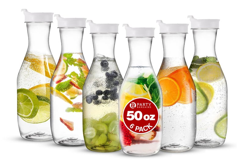 Party Bargains Party Bargains 50 oz Plastic Carafe with Lids  Clear 6 Count White Flip Tab Lid Premium Quality  Heavy Duty Plastic Pitcher for Iced Tea Powdered Juice Cold Beverages Mimosa Bar 