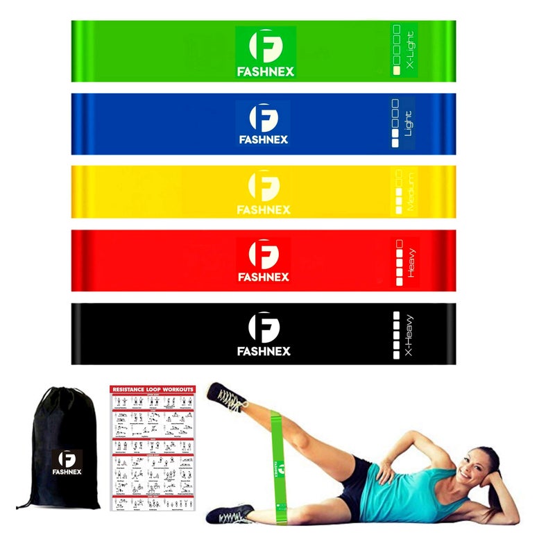 Fashnex Resistance Loop Mini Bands for Men & Women (Set of 5 Exercise Bands with Carry Bag), Extra-Light, Light, Medium, Heavy & Extra-Heavy Resistance, Rubber - Image 5