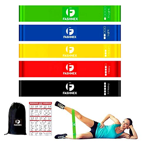 Fashnex Resistance Loop Mini Bands for Men & Women (Set of 5 Exercise Bands with Carry Bag), Extra-Light, Light, Medium, Heavy & Extra-Heavy Resistance, Rubber - Image 1