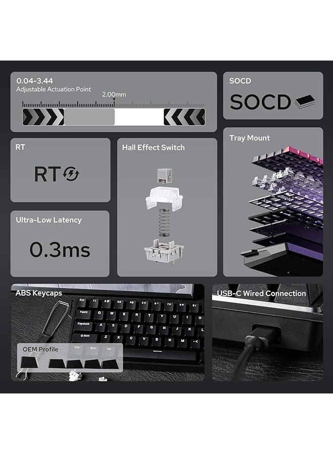 EPOMAKER Aula Win60 He 60% Wired Magnetic Keyboard With Adjustable Actuation 8000 Hz Polling Rate Hall Effect Switches Hot Swap For Fps Games (Black) - Image 3