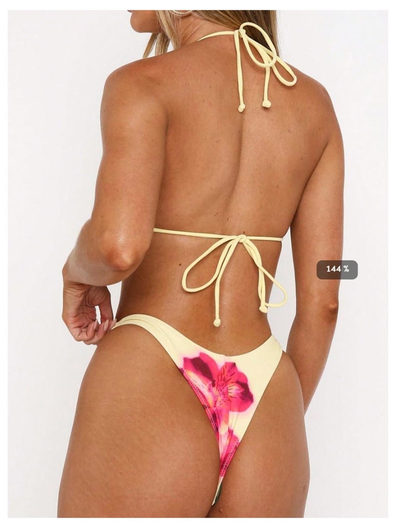 MakeMeChic Women's Polka Dots Triangle Thong Bikini Sets Floral Cute Bathing Suit Swimsuits Yellow Floral Small - Image 2