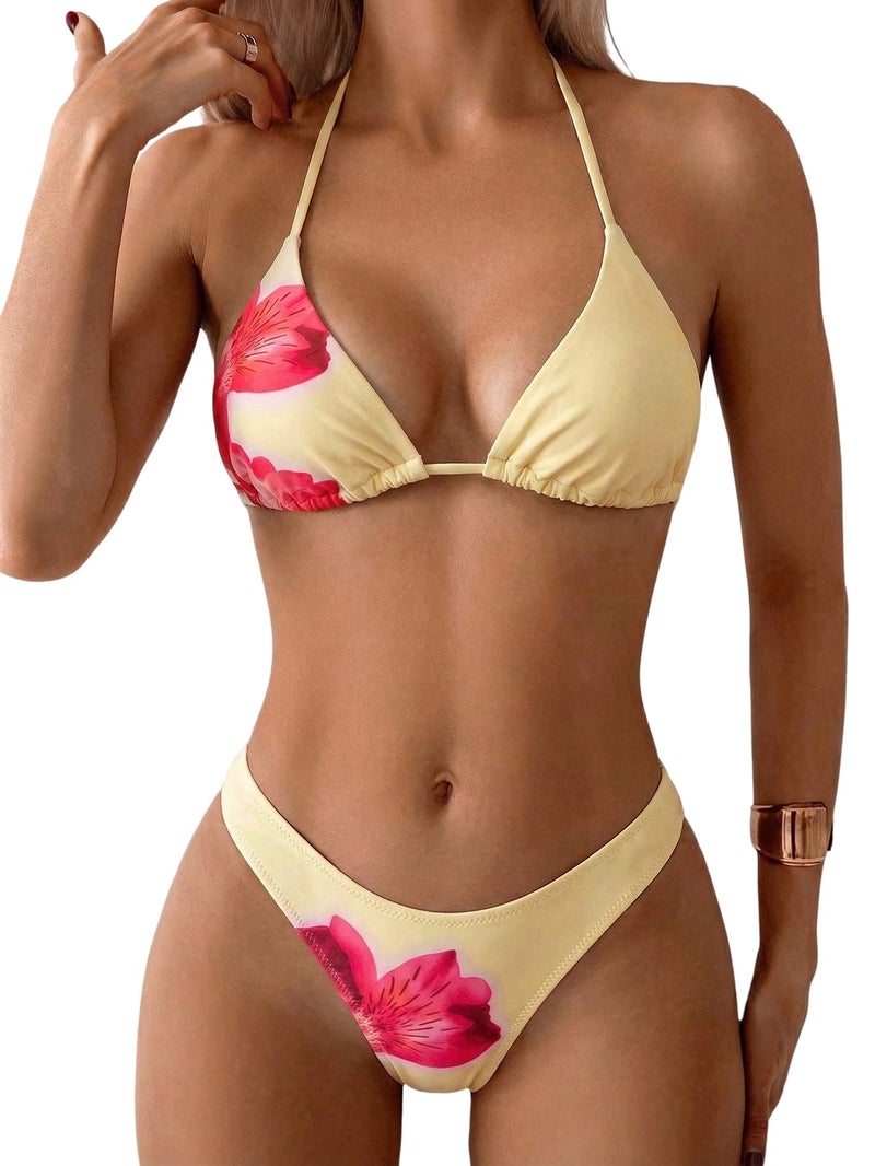 MakeMeChic Women's Polka Dots Triangle Thong Bikini Sets Floral Cute Bathing Suit Swimsuits Yellow Floral Small - Image 1