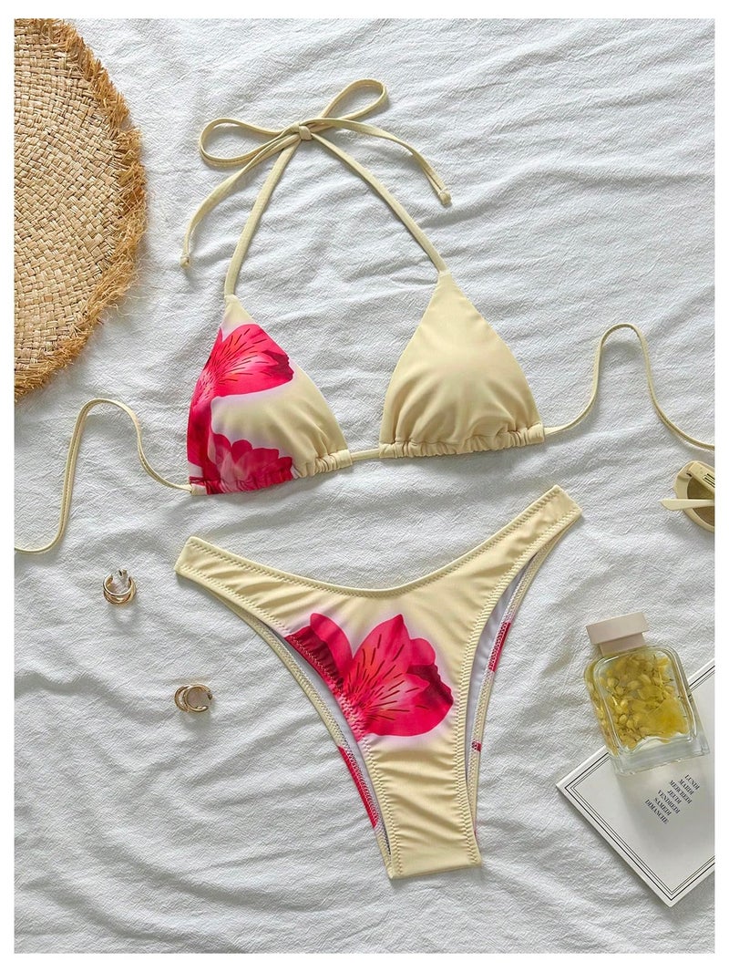 MakeMeChic Women's Polka Dots Triangle Thong Bikini Sets Floral Cute Bathing Suit Swimsuits Yellow Floral Small - Image 5