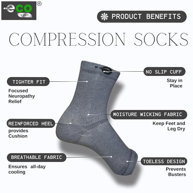 Ecosync Store Bamboo Cotton Open Toe Compression Socks for Men & Women | Nano Compression for Neuropathy, Plantar Fasciitis, Heel Pain, Foot & Ankle Swelling | Breathable | Grey - Image 2