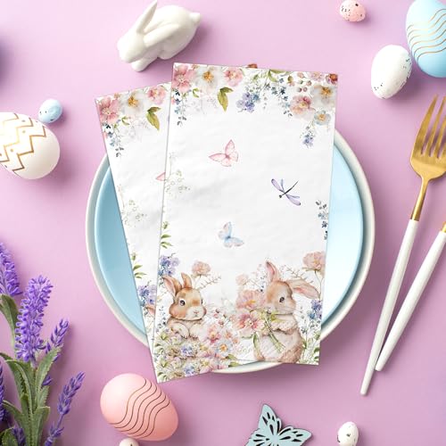 ILUIGGW 100Pcs Easter Napkins, Bunny Floral Easter Paper Napkins, Rabbit Flowers Spring Seasonal Disposable Paper Dinner Hand Napkin Towels for Happy Spring Eater Decorations - Image 4
