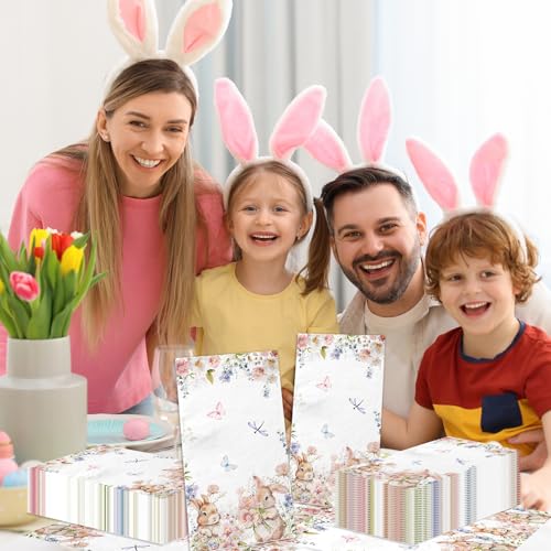 ILUIGGW 100Pcs Easter Napkins, Bunny Floral Easter Paper Napkins, Rabbit Flowers Spring Seasonal Disposable Paper Dinner Hand Napkin Towels for Happy Spring Eater Decorations - Image 3