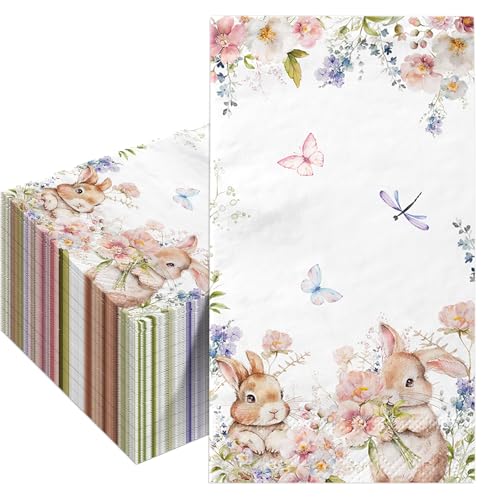 ILUIGGW 100Pcs Easter Napkins, Bunny Floral Easter Paper Napkins, Rabbit Flowers Spring Seasonal Disposable Paper Dinner Hand Napkin Towels for Happy Spring Eater Decorations - Image 1
