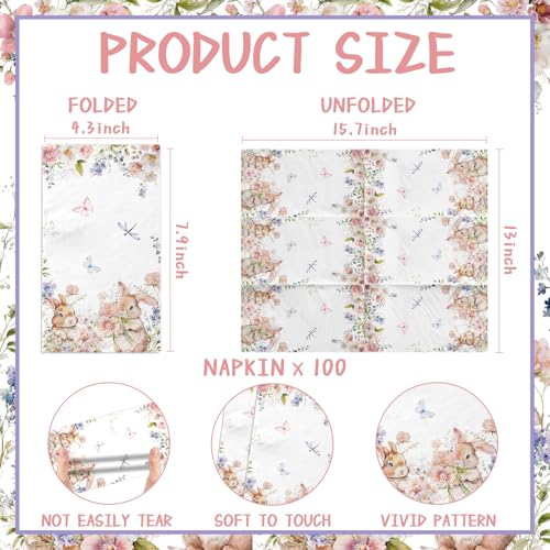 ILUIGGW 100Pcs Easter Napkins, Bunny Floral Easter Paper Napkins, Rabbit Flowers Spring Seasonal Disposable Paper Dinner Hand Napkin Towels for Happy Spring Eater Decorations - Image 5