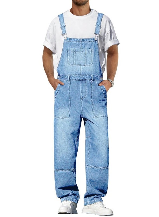 Runcati Men's Denim Bib Overall Jean Romper Casual Fashion Workwear Adjustable Strap Loose Fit Hip Hop Jumpsuit, Light Blue, XL - Image 1