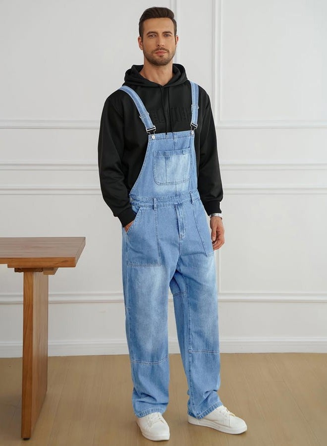 Runcati Men's Denim Bib Overall Jean Romper Casual Fashion Workwear Adjustable Strap Loose Fit Hip Hop Jumpsuit, Light Blue, XL - Image 4