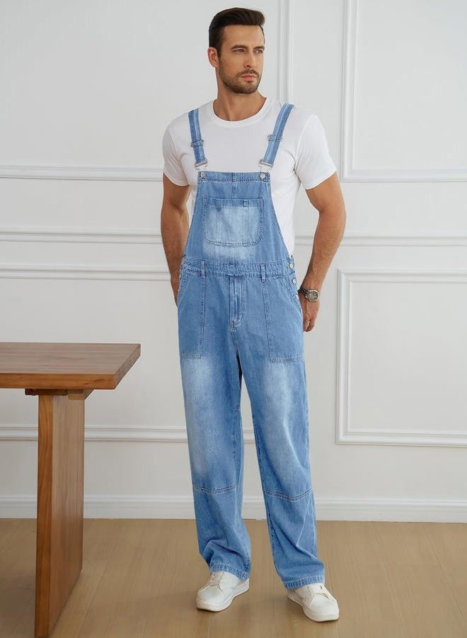 Runcati Men's Denim Bib Overall Jean Romper Casual Fashion Workwear Adjustable Strap Loose Fit Hip Hop Jumpsuit, Light Blue, XL - Image 2
