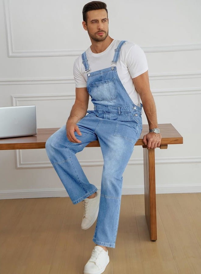 Runcati Men's Denim Bib Overall Jean Romper Casual Fashion Workwear Adjustable Strap Loose Fit Hip Hop Jumpsuit, Light Blue, XL - Image 5