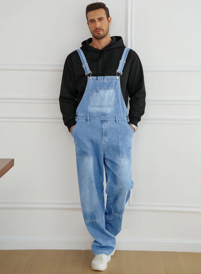 Runcati Men's Denim Bib Overall Jean Romper Casual Fashion Workwear Adjustable Strap Loose Fit Hip Hop Jumpsuit, Light Blue, XL - Image 3