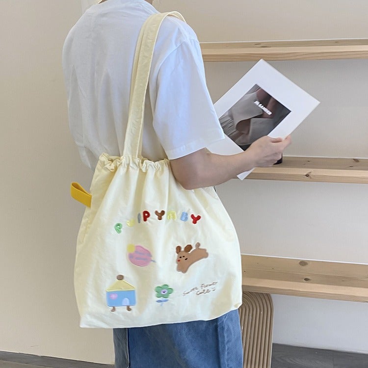 Original New Niche Embroidered Cartoon Animal Drawstring Shoulder Bag Simple Large Capacity Work Commuter Canvas Bag Women - Image 3