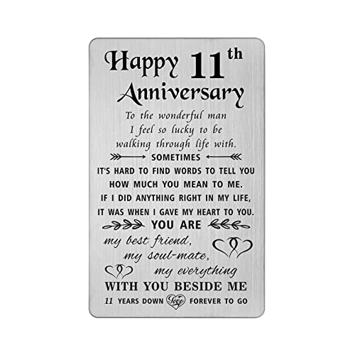 TANWIH 11th Anniversary Steel Gifts for Men, 11 Year Anniversary Card Gifts for Him Husband, Stainless Steel Engraved Wallet Card - Image 1