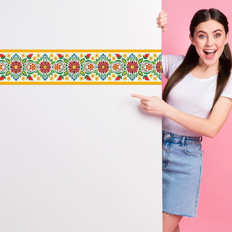 ATTRACTSO -Flower Folk Art Floral Wall Border Peel & Stick 10 feet x 6 inch | Traditional Waterproof Vinyl Sticker for Kitchen Tiles Walls Room Door Edges Decoration (Design 2) - Image 2