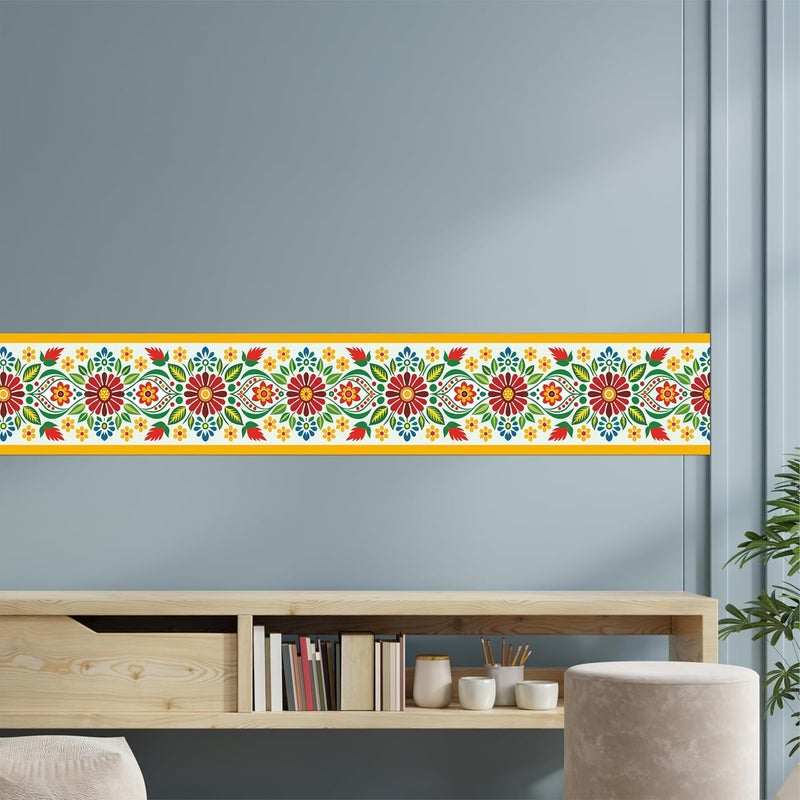 ATTRACTSO -Flower Folk Art Floral Wall Border Peel & Stick 10 feet x 6 inch | Traditional Waterproof Vinyl Sticker for Kitchen Tiles Walls Room Door Edges Decoration (Design 2) - Image 3