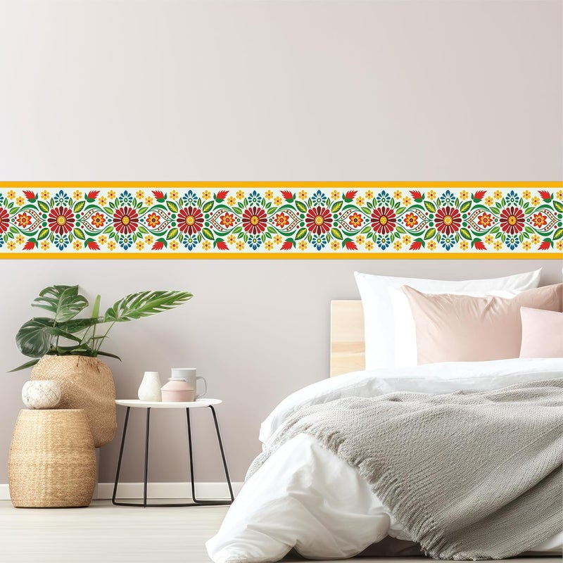 ATTRACTSO -Flower Folk Art Floral Wall Border Peel & Stick 10 feet x 6 inch | Traditional Waterproof Vinyl Sticker for Kitchen Tiles Walls Room Door Edges Decoration (Design 2) - Image 4