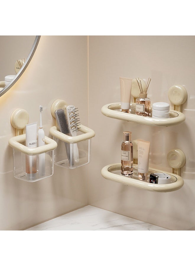 White Wall-Mounted Toothbrush Holder | No-Drill Suction Storage Box | ABS+PET Eco-Friendly Material | Bathroom Multifunctional Organizer | Drainage Holes Design | Instant Installation | For Toothbrushes/Toothpaste/Razors | Mold-Resistant