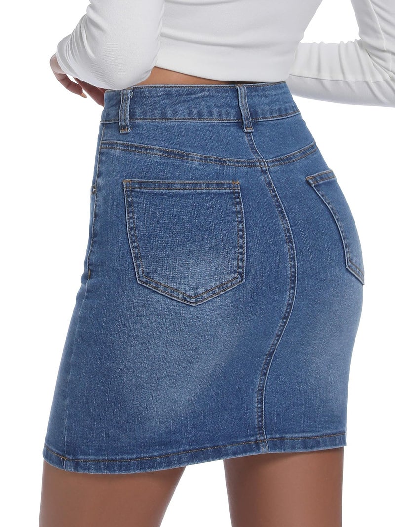 ELLEVEN Jean Skirt for Women High Waisted High Rise Stretchy Casual Slim Fit Classic Elastic Denim Skirts with Pockets Summer Trendy Medium Wash Medium - Image 2