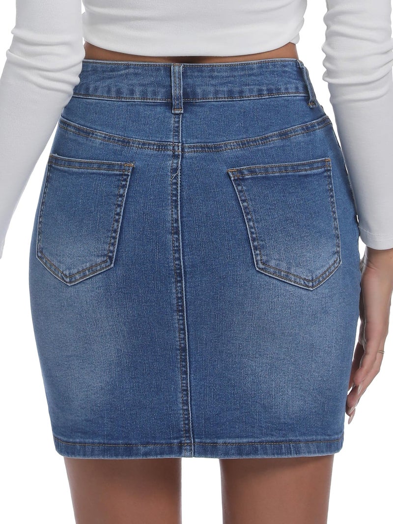 ELLEVEN Jean Skirt for Women High Waisted High Rise Stretchy Casual Slim Fit Classic Elastic Denim Skirts with Pockets Summer Trendy Medium Wash Medium - Image 4