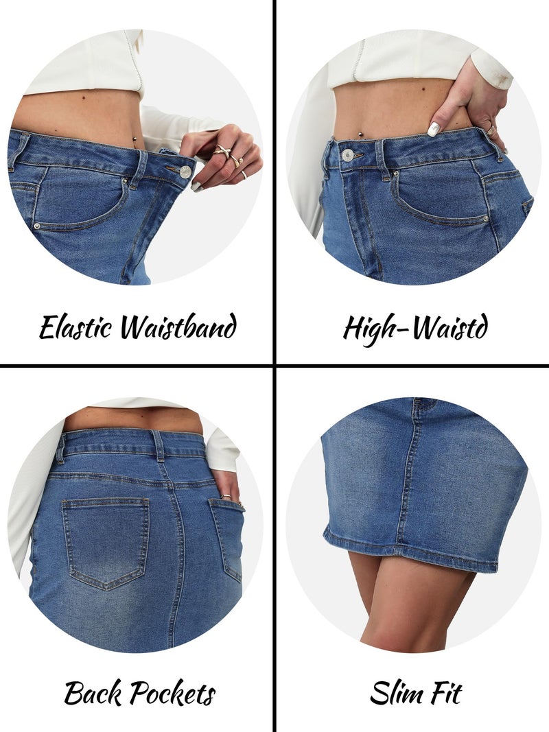 ELLEVEN Jean Skirt for Women High Waisted High Rise Stretchy Casual Slim Fit Classic Elastic Denim Skirts with Pockets Summer Trendy Medium Wash Medium - Image 5