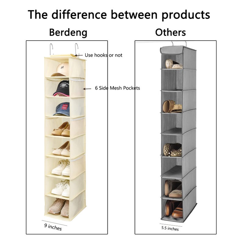 Berdeng Hanging Shoe Organizer for Closet with Side Mesh Pocketsï¼ŒHat Racks for Baseball Capsï¼ŒShoe and Hat Holder & Storageï¼Œ8-Shelfï¼ŒBeigeï¼Œ1 Pack - Image 2